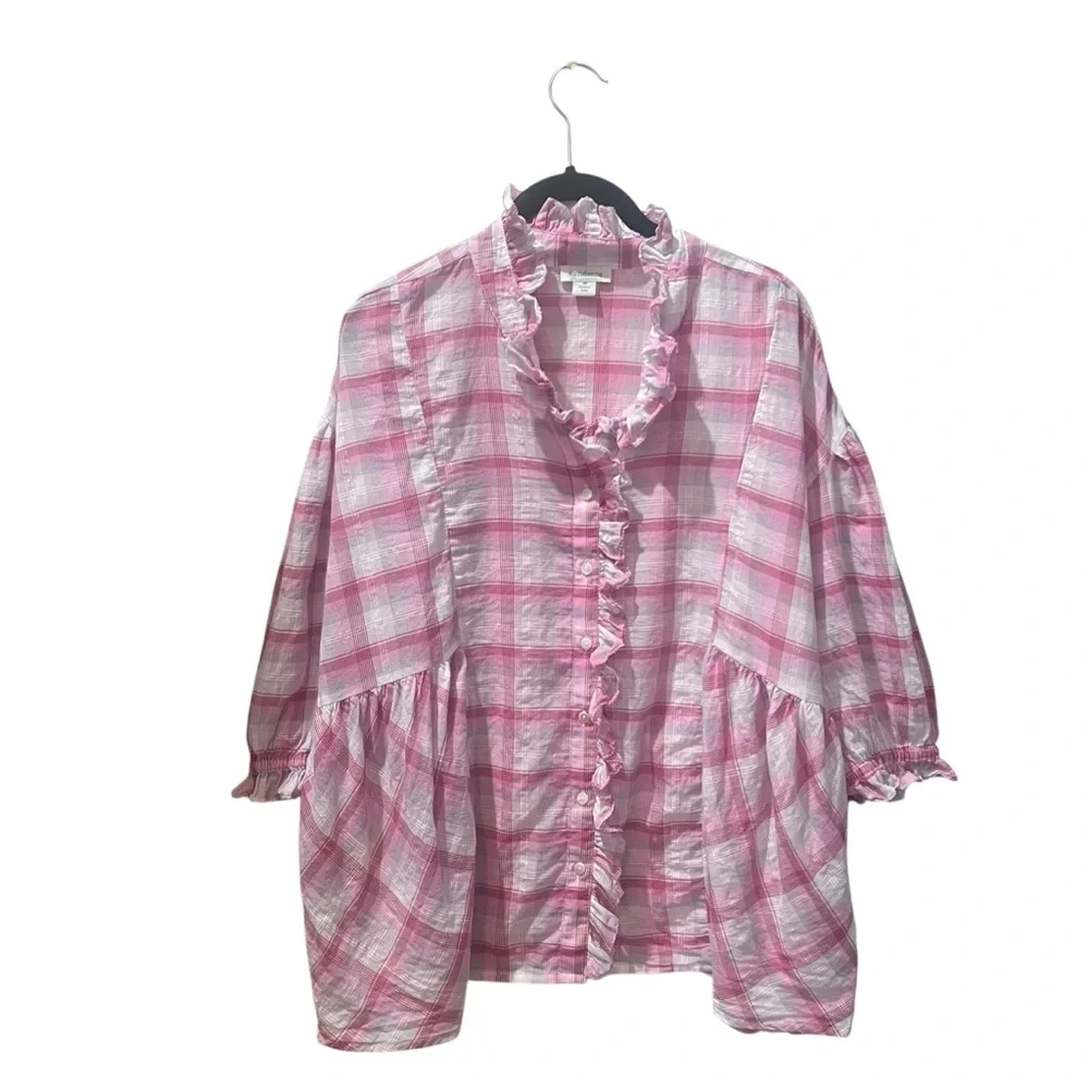Sundance Pink Plaid Ruffle Cotton Gauze Button Front Blouse Top Womens Medium